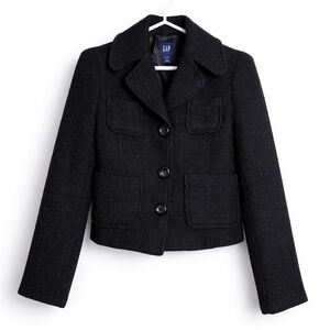 GAP Vintage Inspired Black Cropped Textured Bouclé Wool Blend Jacket Academia
